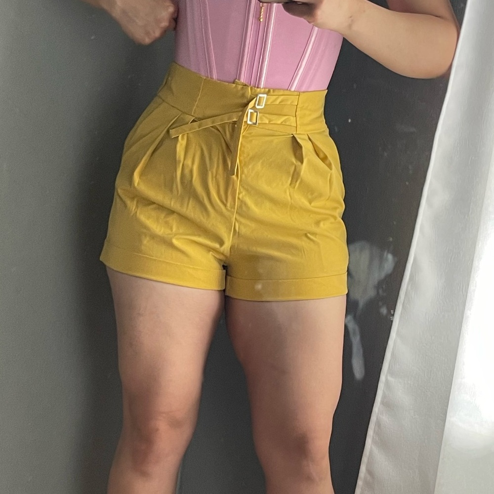 Simple High-Waist Double-Buckle Shorts in Mustard Yellow